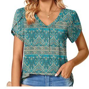 Floral Petal short sleeve V-neck large green women blouse